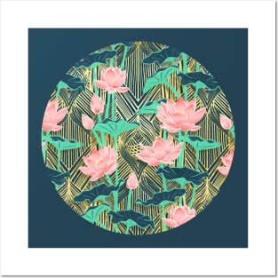 Art Deco Lotus Flowers in Peach & Emerald Posters and Art